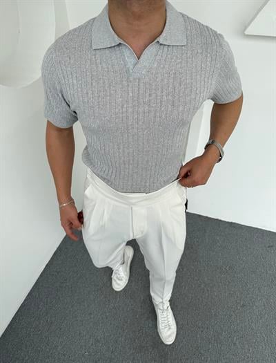 Fitilli Triko Polo Yaka Gri