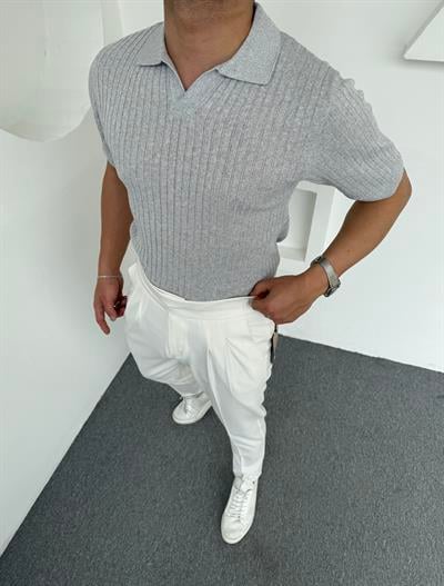 Fitilli Triko Polo Yaka Gri