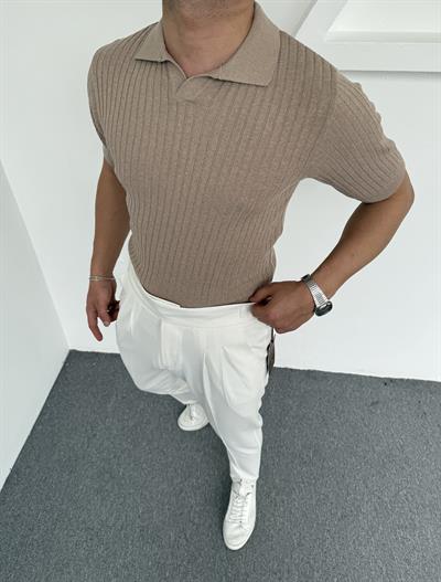 Fitilli Triko Polo Yaka Krem