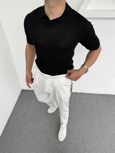 Fitilli Triko Polo Yaka Siyah
