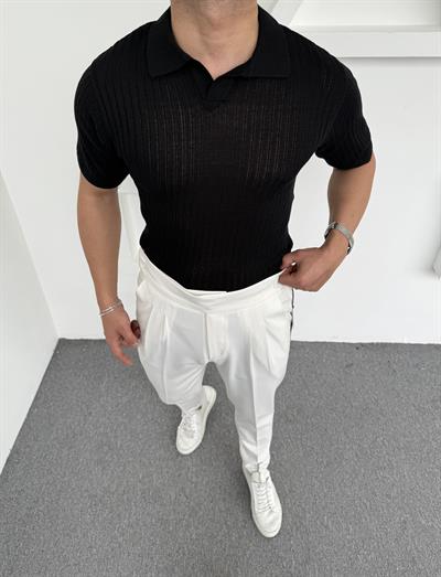 Fitilli Triko Polo Yaka Siyah