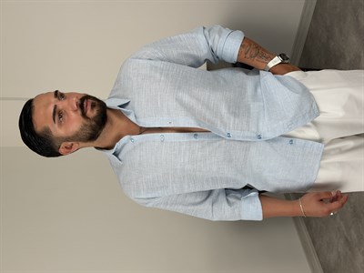 HAVAİ MODEL %100 KETEN GÖMLEK BEBE MAVİSİ