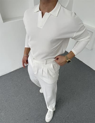 Hemşire Yaka Ottoman Uzunkol Sweatshirt Beyaz