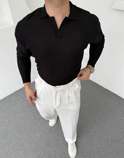 Hemşire Yaka Ottoman Uzunkol Sweatshirt Siyah