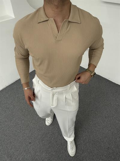 Hemşire Yaka Ottoman Uzunkol Sweatshirt Bej