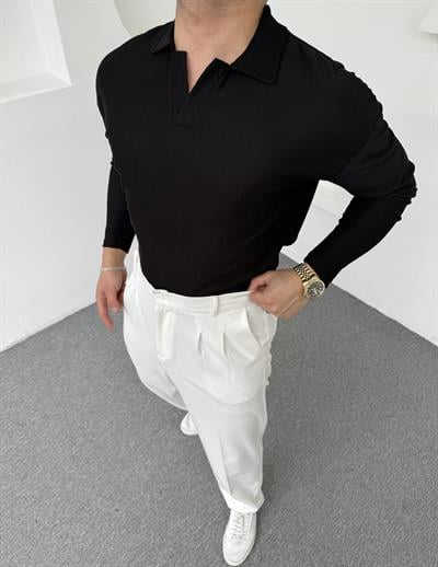 Hemşire Yaka Ottoman Uzunkol Sweatshirt Siyah