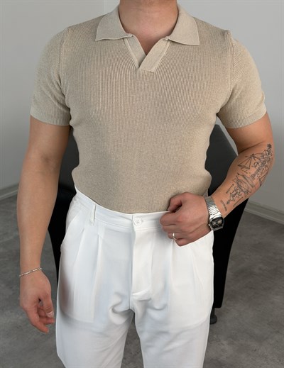 HFA AÇMA YAKA %100 PAMUK TRİKO TİŞÖRT BEJ