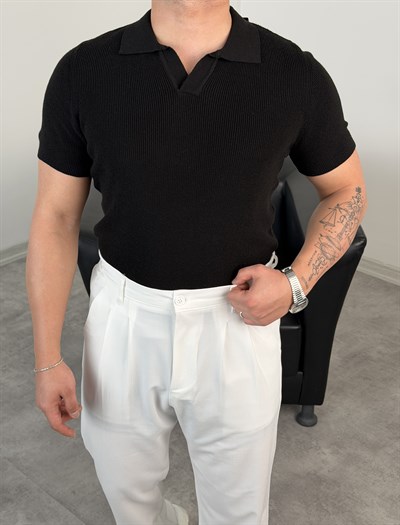 HFA AÇMA YAKA %100 PAMUK TRİKO TİŞÖRT SİYAH