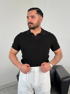 HFA AÇMA YAKA %100 PAMUK TRİKO TİŞÖRT SİYAH