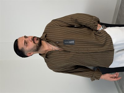 HFA İNCE ÇİZGİ PAMUK KETEN GÖMLEK KAHVERENGİ