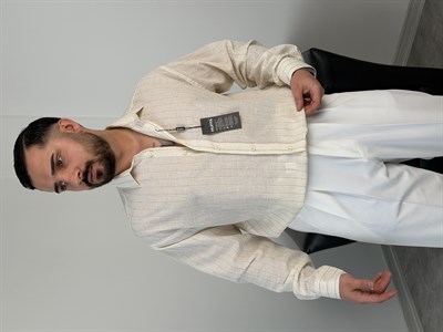 HFA İNCE ÇİZGİ PAMUK KETEN GÖMLEK KIRIK BEYAZ