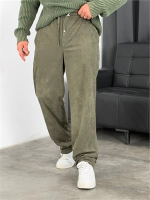 HL  Beli Lastik Kadife Baggy Pantolon Haki Yeşil