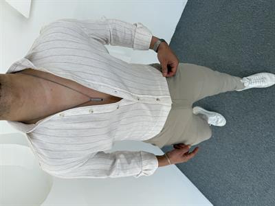 İnce Çizgili Ham Keten Uzunkol Gömlek Bej