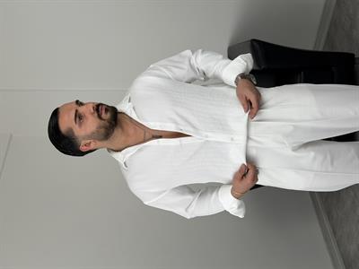 İNCE FİTİL DETAYLI UZUNKOL ÖRME KETEN GÖMLEK BEYAZ