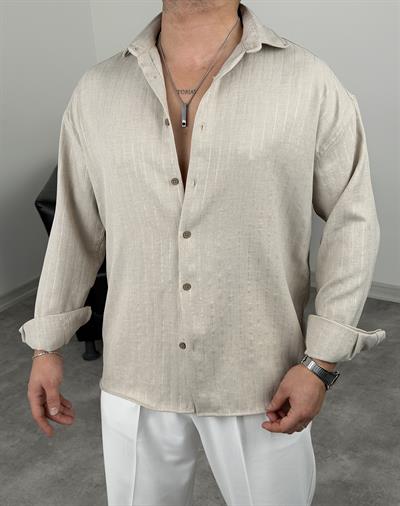 İNCE FİTİL DETAYLI UZUNKOL ÖRME KETEN GÖMLEK BEJ