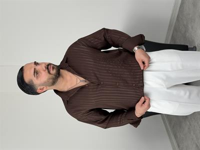 İNCE FİTİL DETAYLI UZUNKOL ÖRME KETEN GÖMLEK ACI KAHVE