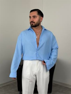 İNCE FİTİL DETAYLI UZUNKOL ÖRME KETEN GÖMLEK BEBE MAVİSİ