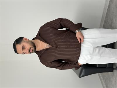 İNCE FİTİL DETAYLI UZUNKOL ÖRME KETEN GÖMLEK ACI KAHVE