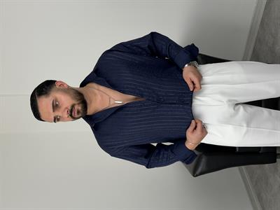 İNCE FİTİL DETAYLI UZUNKOL ÖRME KETEN GÖMLEK LACİVERT