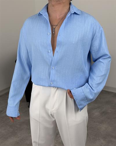 İNCE FİTİL DETAYLI UZUNKOL ÖRME KETEN GÖMLEK BEBE MAVİSİ