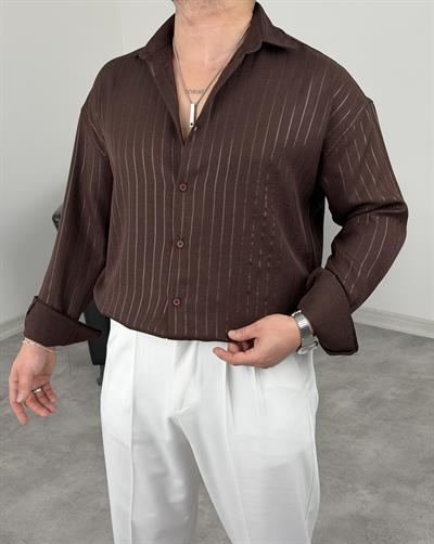 İNCE FİTİL DETAYLI UZUNKOL ÖRME KETEN GÖMLEK ACI KAHVE