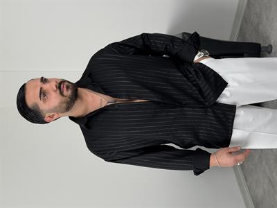 İNCE FİTİL DETAYLI UZUNKOL ÖRME KETEN GÖMLEK SİYAH