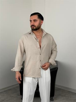 İNCE FİTİL DETAYLI UZUNKOL ÖRME KETEN GÖMLEK BEJ