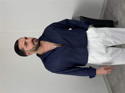 İNCE FİTİL DETAYLI UZUNKOL ÖRME KETEN GÖMLEK LACİVERT