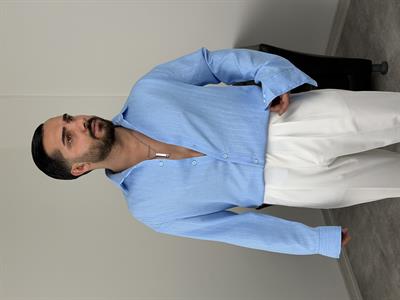 İNCE FİTİL DETAYLI UZUNKOL ÖRME KETEN GÖMLEK BEBE MAVİSİ