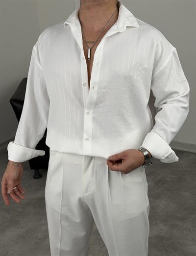 İNCE FİTİL DETAYLI UZUNKOL ÖRME KETEN GÖMLEK BEYAZ