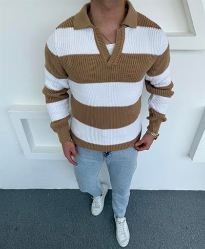 Kalın Açık Polo Yaka Oversize Triko Bej