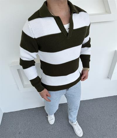 Kalın Açık Polo Yaka Oversize Triko Haki