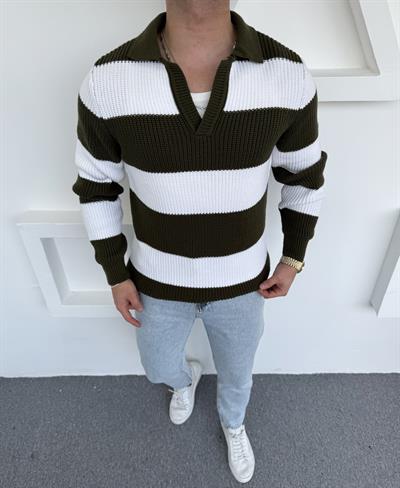 Kalın Açık Polo Yaka Oversize Triko Haki