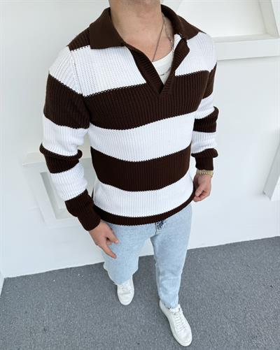 Kalın Açık Polo Yaka Oversize Triko Acı Kahve