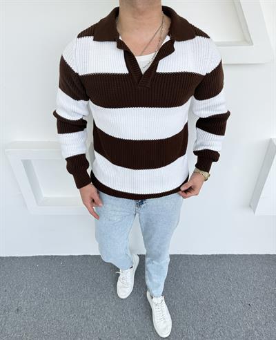 Kalın Açık Polo Yaka Oversize Triko Acı Kahve