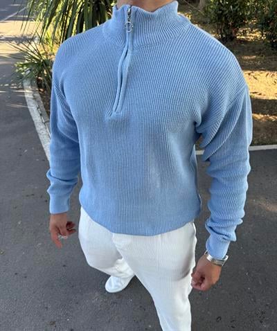 KALIN ÖRGÜ YARIM FERMUAR TRİKO SWEATSHİRT BEBE MAVİSİ