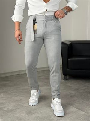 KENDİNDEN KEMERLİ DUBLE PAÇA KUMAŞ PANTOLON GRİ