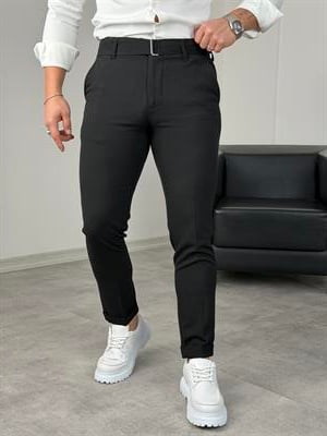 KENDİNDEN KEMERLİ DUBLE PAÇA KUMAŞ PANTOLON  SİYAH