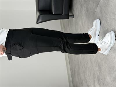 KENDİNDEN KEMERLİ DUBLE PAÇA KUMAŞ PANTOLON  SİYAH