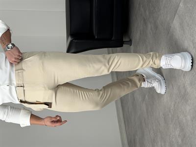 KENDİNDEN KEMERLİ DUBLE PAÇA KUMAŞ PANTOLON KREM