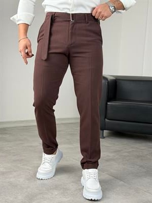 KENDİNDEN KEMERLİ DUBLE PAÇA KUMAŞ PANTOLON ACI KAHVE