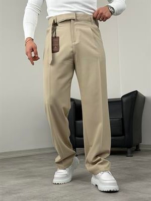 KENDİNDEN KEMERLİ PİLELİ BAGGY KUMAŞ PANTOLON BEJ