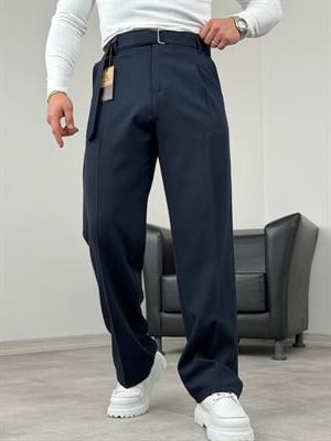 KENDİNDEN KEMERLİ PİLELİ BAGGY KUMAŞ PANTOLON LACİVERT