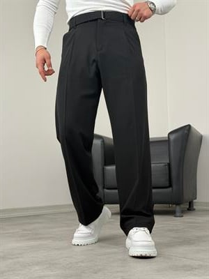 KENDİNDEN KEMERLİ PİLELİ BAGGY KUMAŞ PANTOLON SİYAH