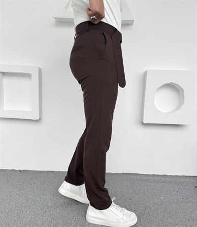 Kendinden Kemerli Premium Kumaş Pantolon Acı Kahve