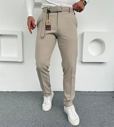 Kendinden Kemerli Premium Kumaş Pantolon Krem