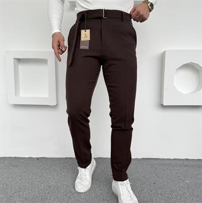 Kendinden Kemerli Premium Kumaş Pantolon Acı Kahve