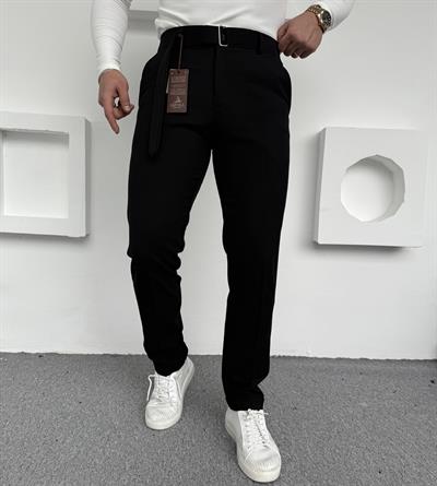 Kendinden Kemerli Premium Kumaş Pantolon Siyah