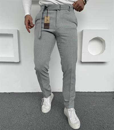 Kendinden Kemerli Premium Kumaş Pantolon Gri