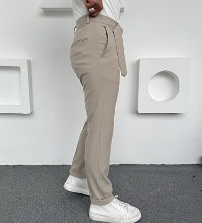 Kendinden Kemerli Premium Kumaş Pantolon Krem